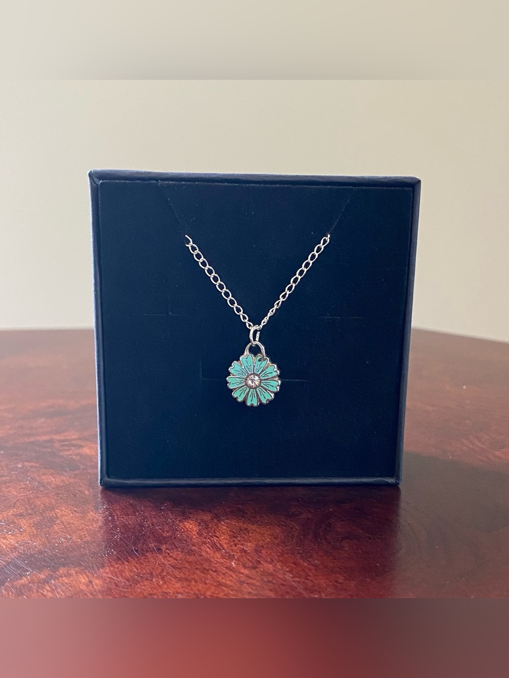 COACH Blue Enamel Crystal Flower Pendant .925 Sterling Silver Necklace